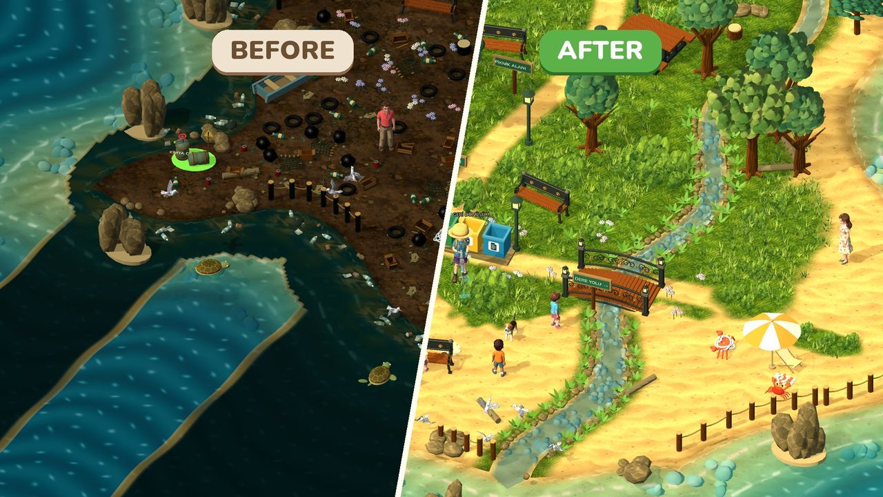 Before and after: a grey, littered beach and the same beach clean and green